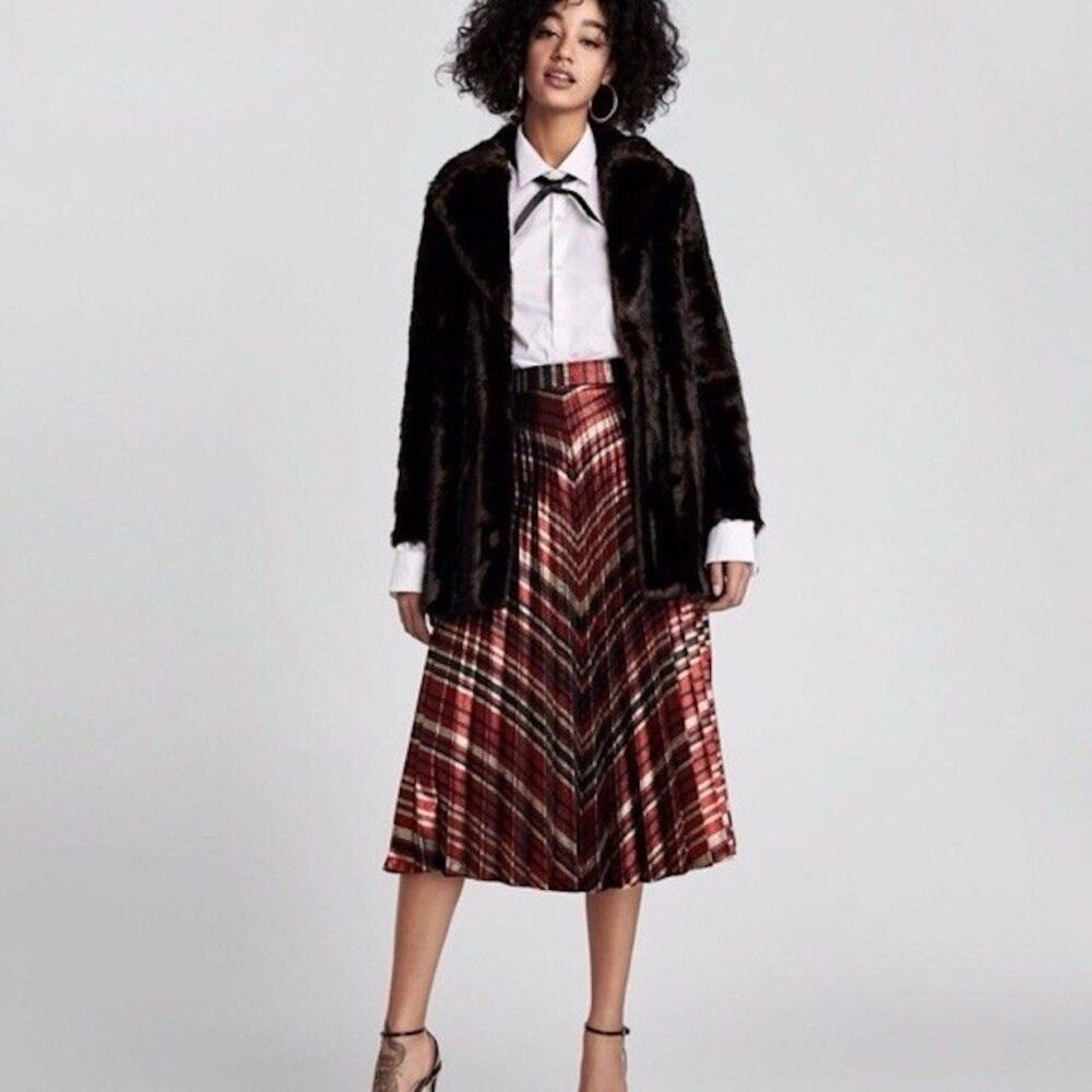 Zara Claret Metallic Pleated Midi Skirt